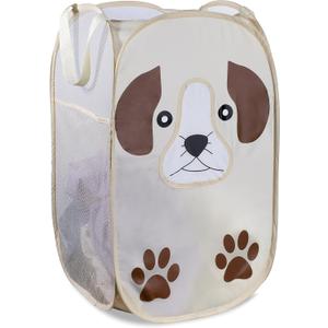 Handy Laundry Collapsible Mesh Pop-Up Hamper with Wide Opening and Side Pocket - Breathable, Sturdy, Foldable, Space-Saving Design (Puppy)