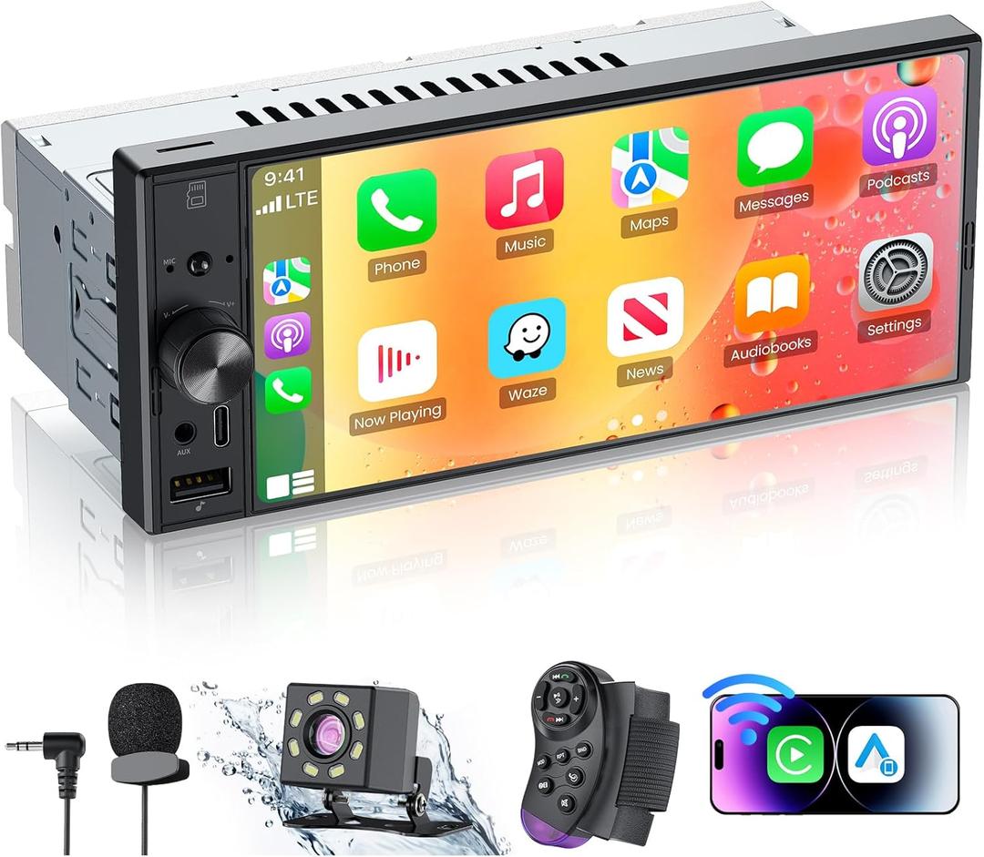 6.9Single Din Radio Car Stereo with Apple CarPlay & Android Auto, Car Radio UHD in-Cell Touchscreen, 1080P Backup Camera, Mirror Link, Bluetooth 5.3, GPS, AM&FM, USB & Type-C Fast Charging, EQ, SWC