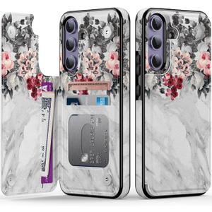 Goodon for Samsung Galaxy S24 Case Wallet - Flip Folio Leather Cover with Trendy Floral Design, 3 Card Slots & Kickstand Function, Protective Phone Case for Women and Girls - Flowers and Grey Marble