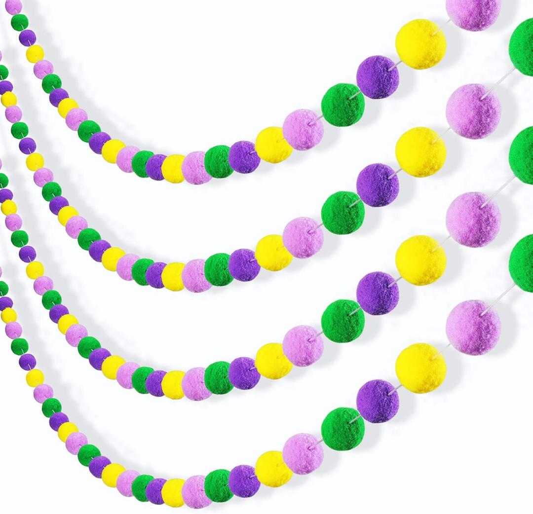 3 Pcs 19.8 Feet Mardi Gras Decorations Mardi Gras Pom Pom Balls Garland Carnival Purple Green Yellow Wool Felt Ball Banner Hanging Wall Decorations for Holiday Carnival Party Supplies Home Decor