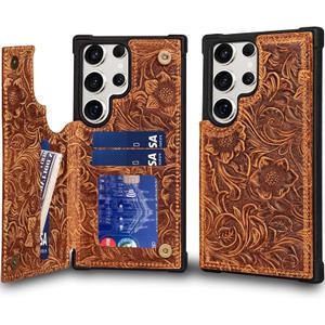 RMAWRAD Leather Case Compatible with Samsung Galaxy S24 Ultra Wallet 6.9",Genuine Leather Shockproof Anti-Fall Case, Flip Cover with Card Slot, Double Magnetic Buckle,Kickstand Durable Brown