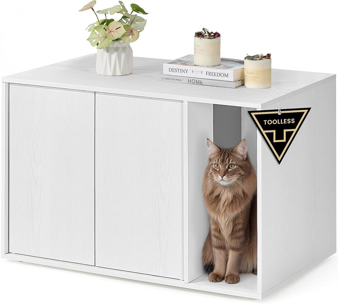 SONGMICS HOME Cat Litter Box Enclosure, Superfast Toolless Assembly, Litter Box Furniture for Large Cats, Display Side Table, Push-to-Open Doors, Minimalist Modern, Snow White UPCL013W01