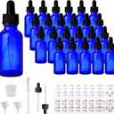24 Pack 1oz Cobalt Blue Glass Bottles with Glass Eye Droppers for Essential Oils, Perfumes & Lab Chemicals (Brush, Funnels, 2 Extra Droppers, 36 Pieces Labels & 30ml Measuring Cup Included)