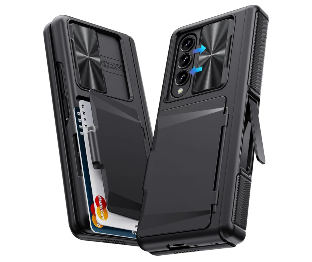 GBEE for Samsung Galaxy Z Fold 4 Case with Card Holder & Kickstand & Hinge Protection & Slide Camera Cover & Built-in Screen Protector, Rugged Phone Case for Galaxy Z Fold 4 2022 (Black)