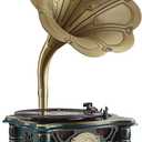 Wooden Vintage Gramophone Record Player, Retro Phonograph Record Players, 3 Speed Turntable for Vinyl Record with Bluetooth Audio in/USB Audio in/FM for Home/Office/Hotel/Christmas/Birthday/Party (green)
