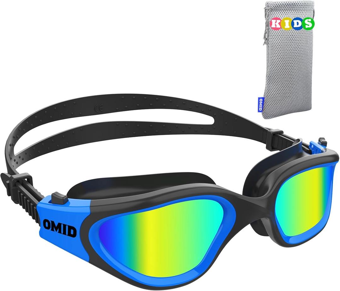 OMID Kids Swim Goggles, P2mini Polarized Swimming Goggles Comfortable for Age 6-14 (A9-mirrored Gold Lens Blackblue Frame)