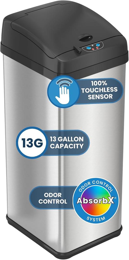 iTouchless 50 Liter / 13 Gallon Sensor Dog-Proof Kitchen Trash Can with Lid Lock and AbsorbX Odor Filter, Touchless Lid, Stainless Steel Garbage Recycling Bin for Kitchen, Home, Office, Business