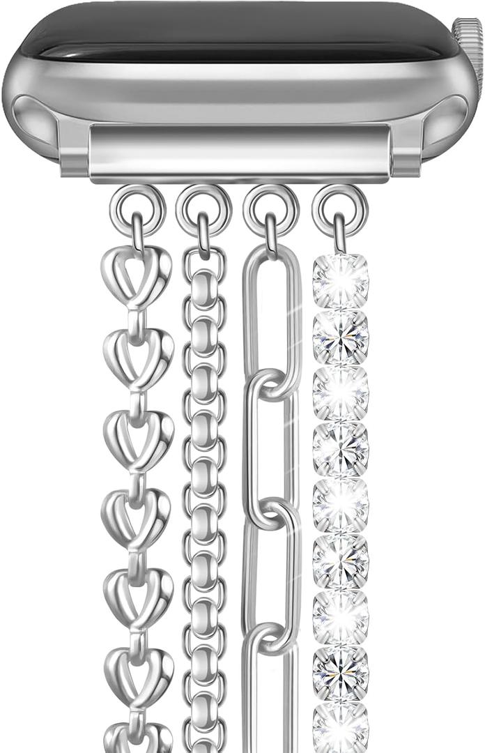 Newlibery Chain Bracelet Band Women Compatible with Apple Watch 42mm(S1/2/3) 44mm 45mm 46mm 49mm Adjustable Fashion Slim Jewelry Strap for iWatch Series 11/10/9/8/7/6/5/4/SE 3/2/1/Ultra1 2 3 Silver B