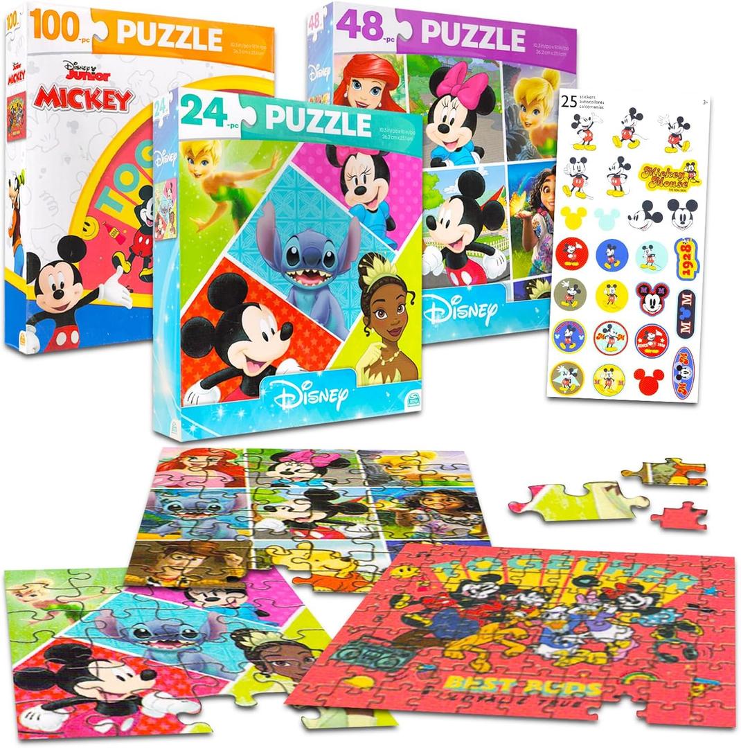 Disney Jigsaw Puzzles Set for Kids - Bundle with 3 Pack Puzzles Featuring Mickey Mouse, Minnie Mouse, Stitch, and More Plus Stickers | Disney and Friends Party Favors