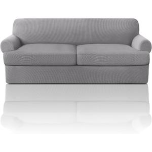 PrinceDeco T Cushion Sofa Slipcover 3 Pieces Sofa Covers for T Cushion Couch Soft Couch Covers Sofa Slip Cover Furniture Covers with 2 Individual T Shape Seat Covers Width Up to 90", Dove