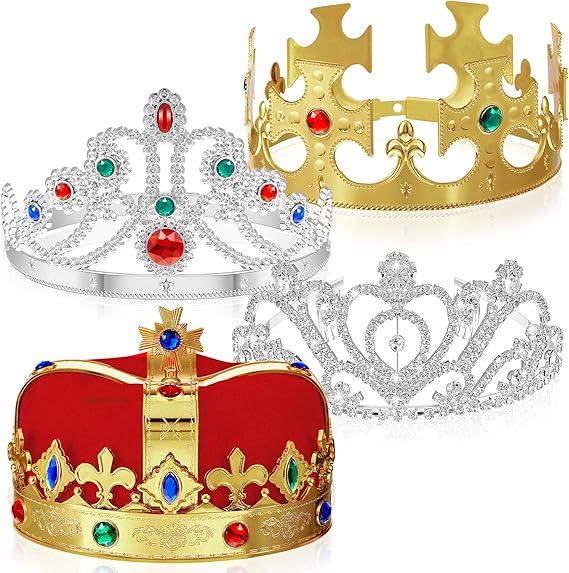 Bonuci 4 Pcs King Crowns Queen Tiara Princess Adjustable Crowns Gold Crown Funny Party Hats Royal Halloween Costume Prom Accessories