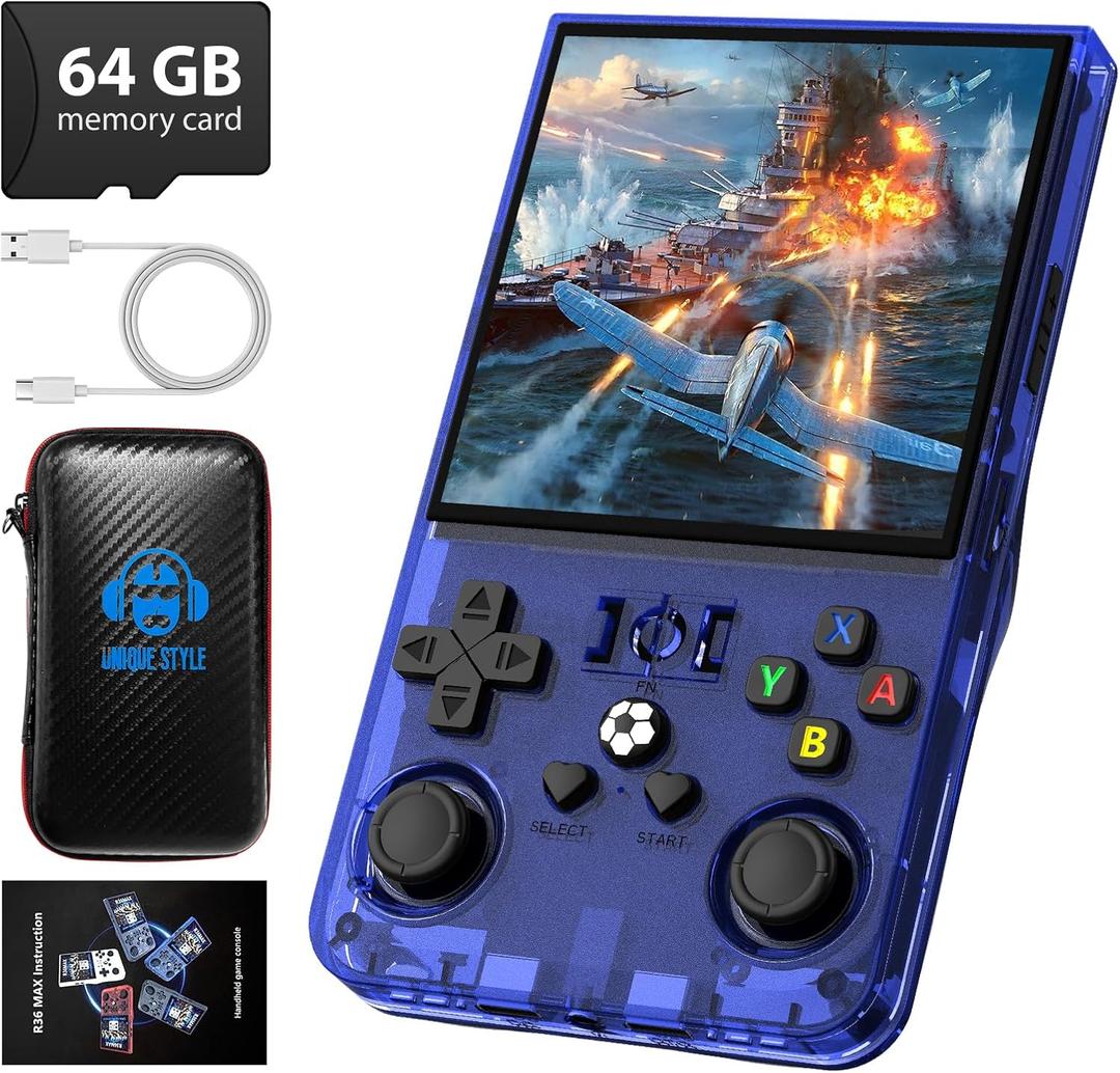 R36MAX Retro Handheld Game Console, 4.0 Inch 720x720 IPS Screen, 64GB Built-in 18,000+ Classic Game, Portable Hand Held Open Source Linux System, 4000mAh Battery Retro Gaming Console(Blue 64GB)