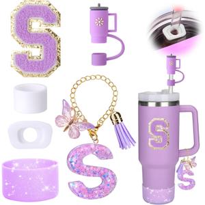 3 x Mity rain 6PCS Cup Accessories Set for Stanley Cup 30oz 40oz tumbler with handle, Including Silicone Straw Topper Cover Cap and Boot, Spill Proof Stopper, Handle Charm, Initials Sticker (Letter S)