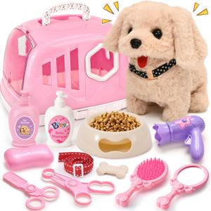 G.C Dog Toys for Girls Kids, Walking Barking Electronic Interactive Plush Puppy Toy with Carrier & Accessories Toddlers Pretend Play Pet Care Playset, Gifts for Little Girls 3 4 5 6 Year Old