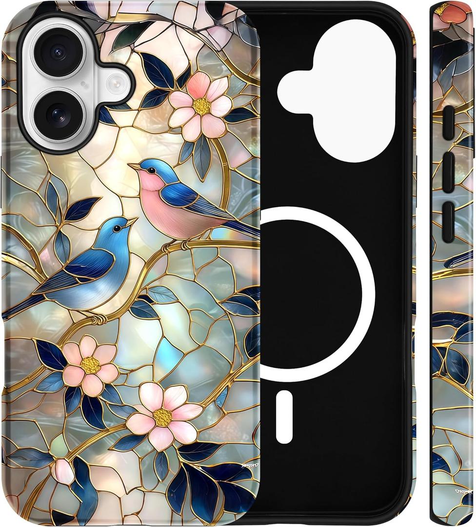 Jusy Magnetic Stained Glass Floral Case for iPhone 11, Bird | Compatible with MagSafe, Cute Aesthetic Flower Design, TPU and PC Protective Phone Cover
