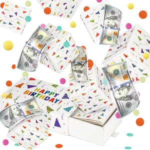 Happy Birthday Surprise Gift Box Explosion for Money - DIY Pop Out Folding Bounce Explosion Gift Box with Confetti - Birthday Money Bank - Cash Gift Idea for Women Men Kids (White)