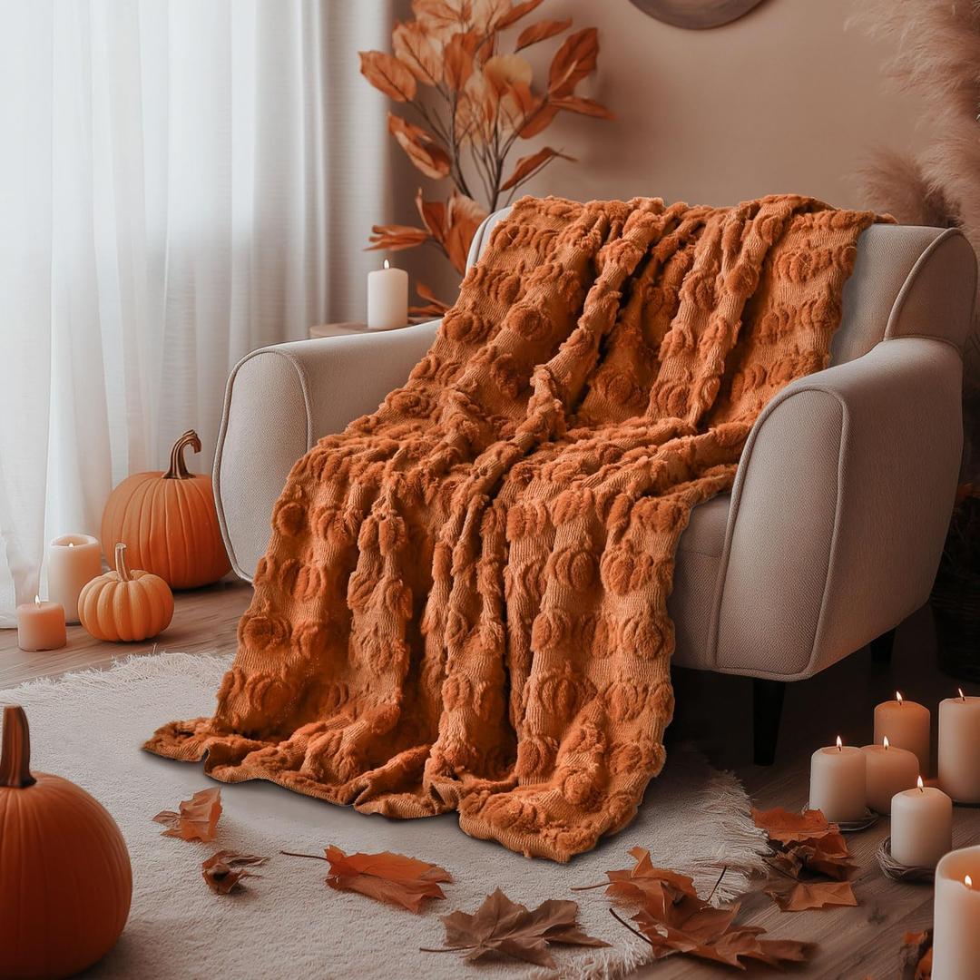 Horaldaily Fall Blanket Throw, Rust Red Pumpkin Autumn Harvest Soft Fuzzy Plush Faux Fur Cozy Blankets for Couch Sofa Bed Lounging, Ideal Gifts for Kids Adults Wife Self, 50x60