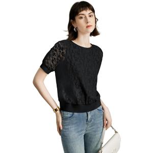 Women's Lace Pattern Round Neck Tops - Semi-Sheer Short Sleeve Tee, Embroidered Summer Blouse (XX-Large, Black)
