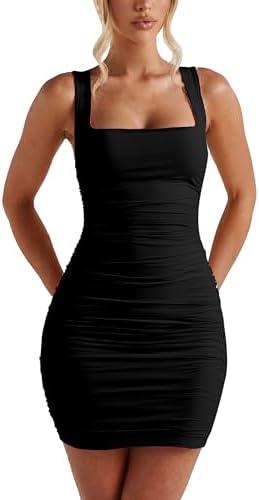 BORIFLORS Women's Sexy Bodycon Corset Mini Dresses Square Neck Ruched Sleeveless Club Party Short Dress, M
