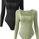 OQQ Women's 2 Piece Bodysuits Sexy Ribbed One Piece Square Neck Long Sleeve Tops (Medium, Black Jade Green)