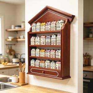 Vintage Wooden Spice Rack with Drawer and 4 Shelves