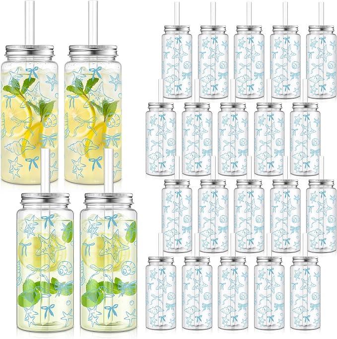 Vesici 24 Pack Ocean Plastic Cups with Lid and Straw 13.5 oz Beach Party Tumblers Clear Reusable Plastic Cup Bulk Blue Seashell Ocean Cold Drink Last Toast on The Coast for Summer Party Birthday
