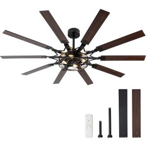65 Inch Ceiling Fans with Lights, Farmhouse Ceiling Fan with Remote Rustic Caged Industrial Design, Dual Finish 10 Blades Black Ceiling Fans with Quiet Reversible Motor for Living Room Bedroom Patio, 65inche
