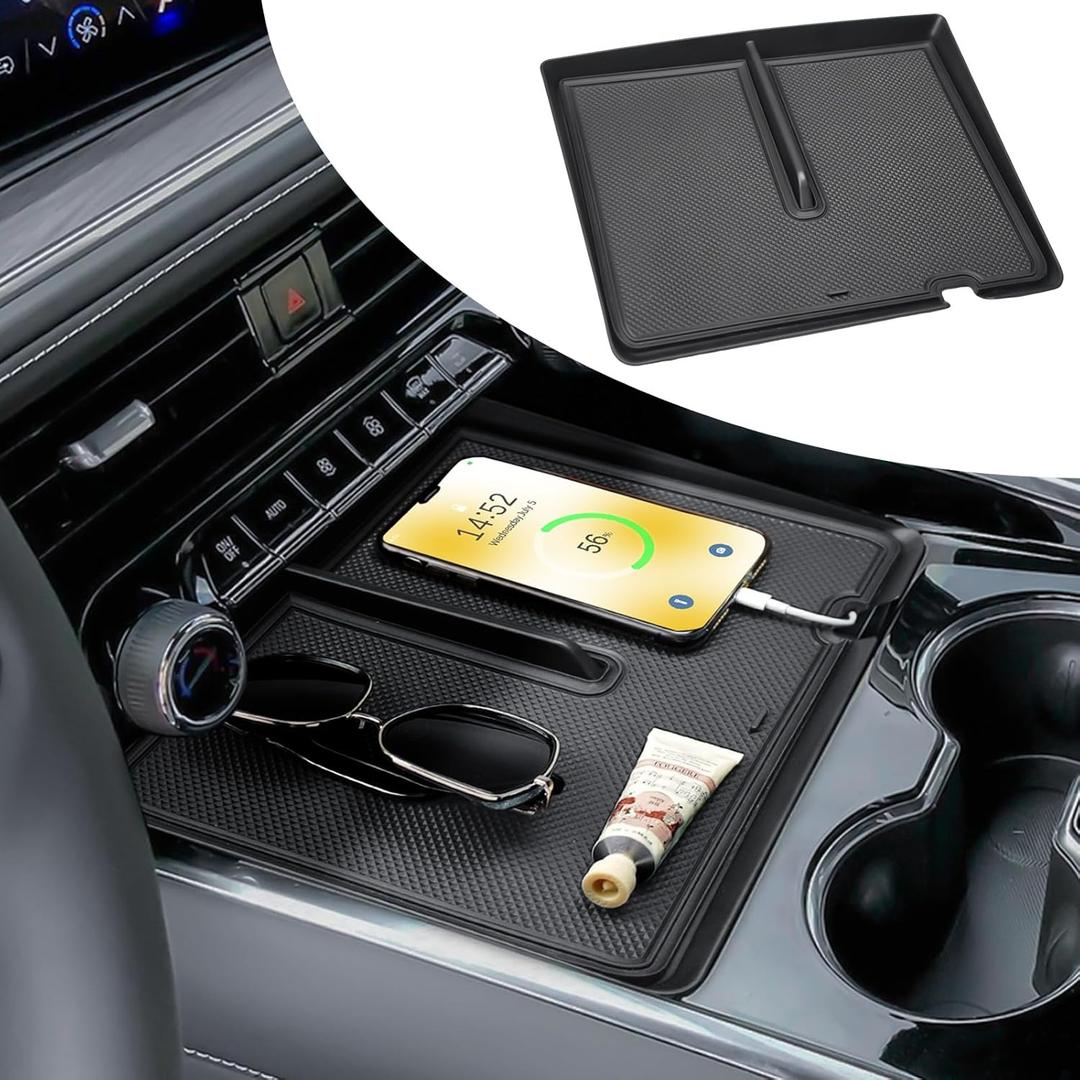 Front Center Console Organizer Compatible with Chevy 2025 2026 Suburban & 2025 2026 Tahoe Accessories - Front Console Storage Tray Dual-Layer Compartment Insert (Full Console w/Bucket Seats)