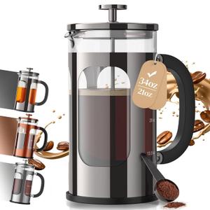 Veken French Press Coffee Maker 34oz, No Plastic Touching Cafe,Thickened Glass Stainless Steel Brewer, Cold Brew Cafetera Tea pot for Kitchen Travel Camping, Gifts, Decor, Bar Accessories, Dark Pewter