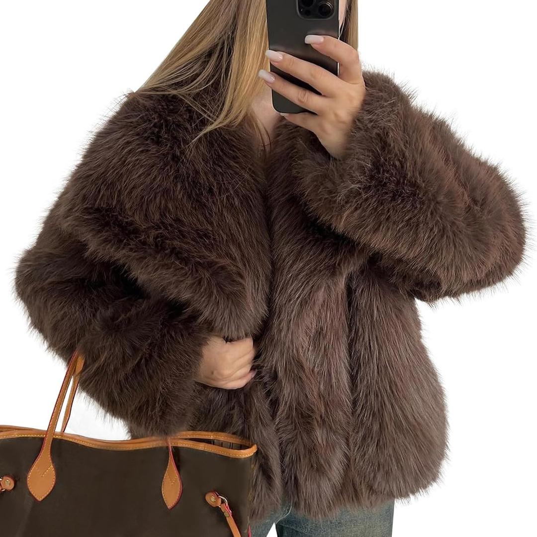 Flygo Women's Faux Fur Coat Fluffy Faux Fur Jacket Long Sleeve Lapel Furry Winter Jackets Shaggy Parka Short Coat (Brown Small)
