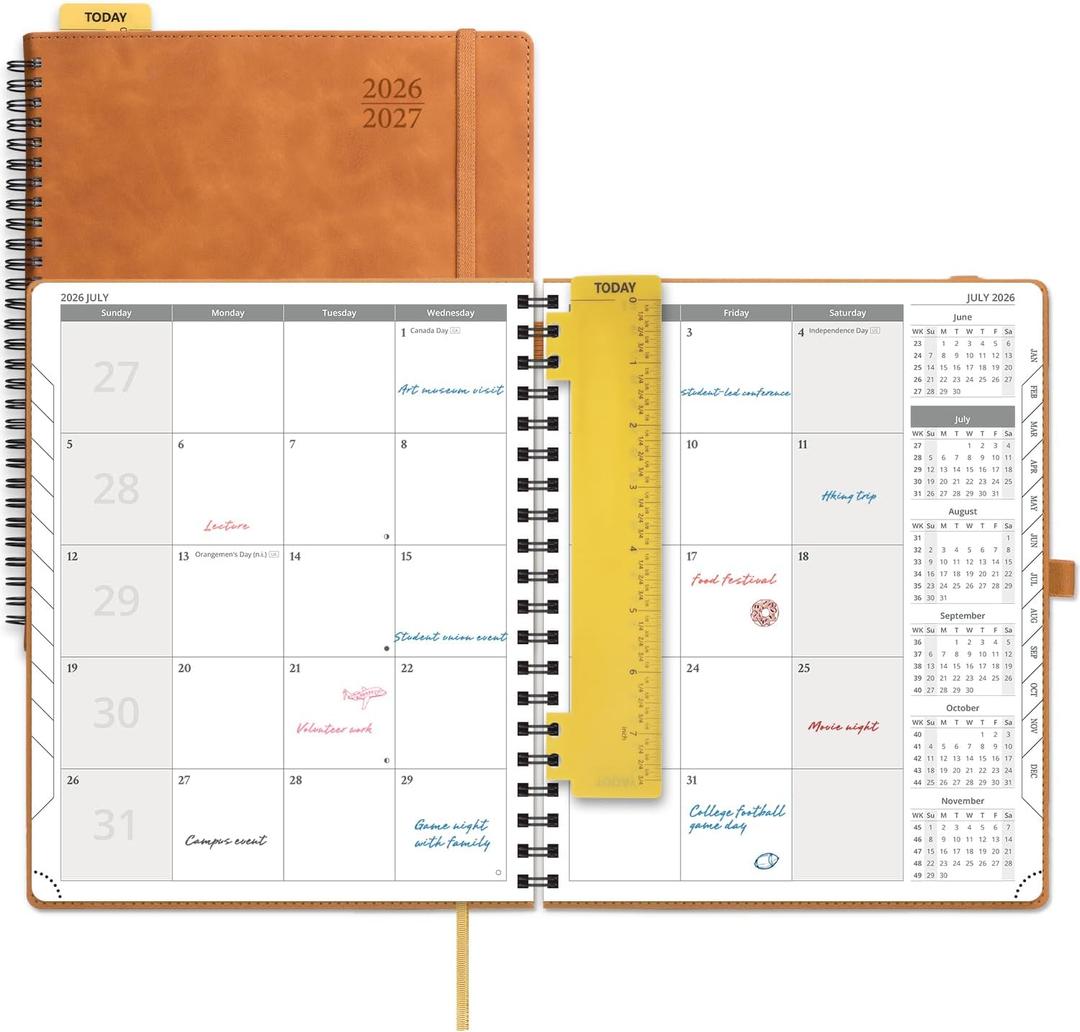 POPRUN 2026-2027 Monthly Planner, 6.5" x 8.5", 18 Month Calendar (July 2026 to December 2027) with Expense Tracker, Notes Pages, Sprial Bound, Leather Softcover - Beige