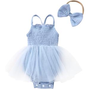 CBHAIBLYD Infant Baby Girl Summer Romper Dress Sleeveless Strap Mesh Tutu Skirt Backless Bodysuit with Headband(Blue, 6-9M)