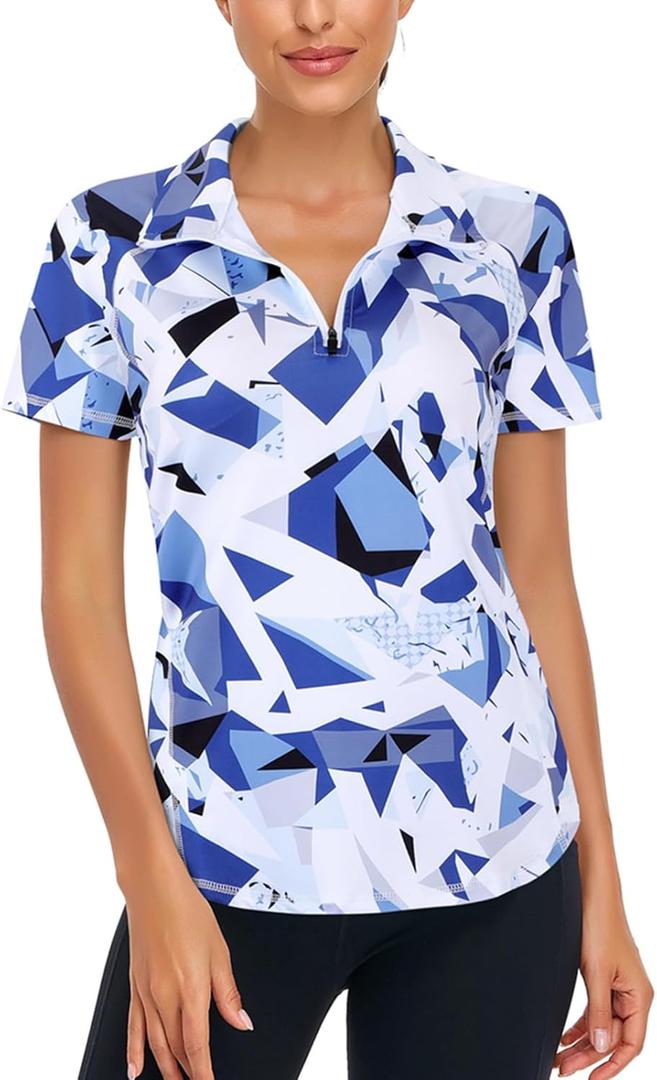 Zamowoty Women's Short Sleeve Golf Shirts 1/4 Zip Up Loose Yoga Running Workout Tops (Medium, Geometry Blue)