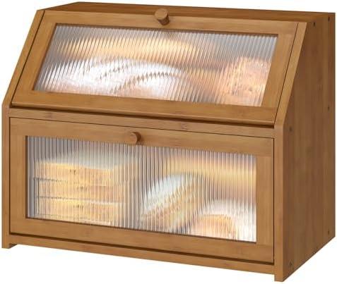 Vriccc Bread Box for Kitchen Counter, Large Bamboo Wood Double Layer Bread Box, Wooden Bread Storage Capacity