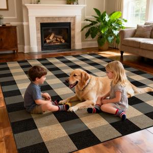 Washable Checkered Easy Jute Rug 9x12, Black Plaid Checkerboard Geometric Modern Outdoor Indoor Patio Large Rug, Woven Thin Carpet Mat for Living Dining Play Room Bedroom Classroom Kid Nursery