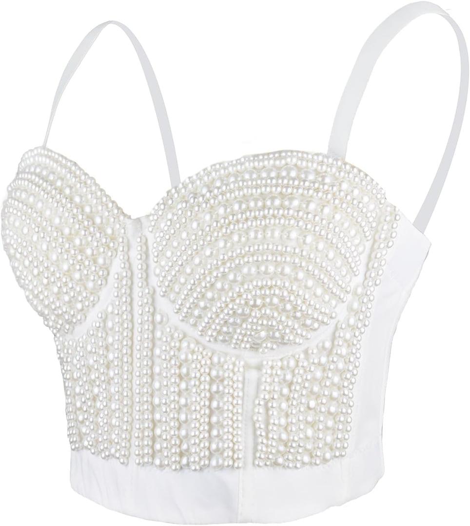 ELLACCI Woment's Pearls Beaded Bustier Crop Top Club Party Sexy Corset Top Bra White (Large)