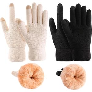 Women's Winter Warm Touch Screen Gloves Womens Thermal Cable Knit Wool Fleece Lined Glove for Cold Weather (Black+Beige)
