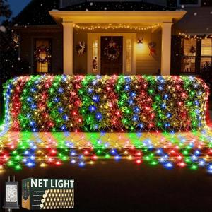 LitHome 14.8FT x 5FT Led Christmas Net Lights Outdoor, 300 LED Multicolor Christmas Net Lights for Bushes Connectable, 8 Modes Colorful Giant Mesh Light Green Wire for Yard, Garden, Party, Tree Decor