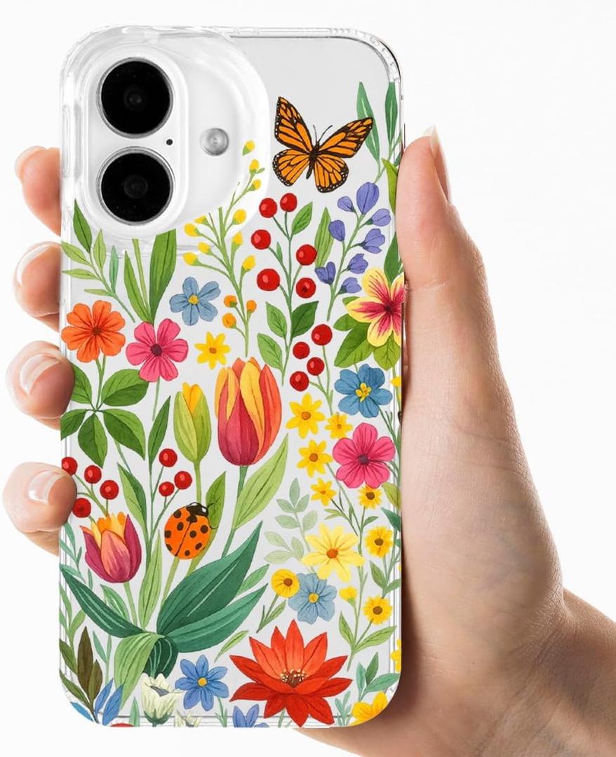 Compatible with iPhone 16 pro Clear Case, Trendy Cute Floral Flowers Slim Anti-Yellowing TPU Shockproof Aesthetic Protective Phone Case Cover for Women Girls 6.1",in The Garden