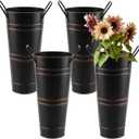 4 Pack 9 Inch Tall Galvanized Flower Bucket, Black Farmhouse French Flower Bucket with Handle, Small Rustic Vintage Metal Vases for Flower, Centerpieces, Floral Arrangements