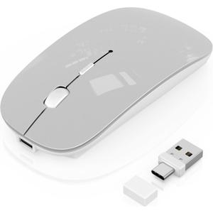 Wireless Mouse for Laptop/MacBook Air/Pro & iPad, Mouse Jiggler Mode Bluetooth 5.2/2.4G Rechargeable Silent Click 3-Level DPI Slim Portable USB-A&C Receiver (Mouse Jiggler Mode, Silver)