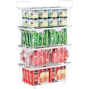 iSPECLE Freezer Organizer Bins, 4 Pack Stackable Wire Baskets for 5 to 7 Cu.Ft Deep Freezers, Metal Food Storage Handles for Meat and Vegetables, Sort Small Food, White