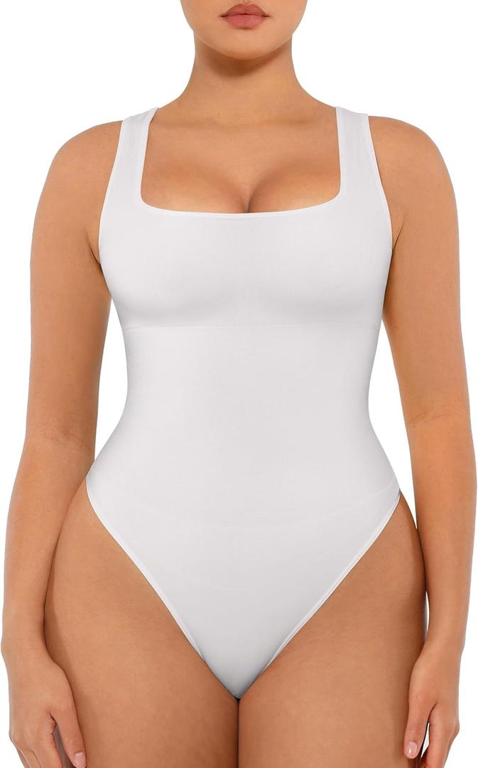 FeelinGirl Bodysuits for Women Seamless Square Neck Tummy Control Compression Thong Shapewear Bodysuit Tank Tops Bodysuit (X-Small-Small, White)