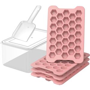 Small Ice Cube Tray for Freezer: FDDAI Easy Release Ice Cube Maker - Plastic Stackable Cubed Ice Trays and Bin - Making Tiny Honeycomb Icecubes (Pink)