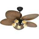 DWVO Tropical 52in Palm Leaf Ceiling Fans with Light and Remote,Glass Light Kit, Fan Light With 5 Blades,3 Speed, 4 Timer - Dark wood grain