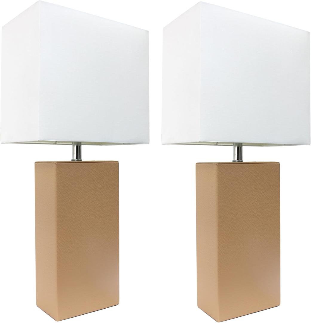Elegant Designs LC2005-BGE-2PK 21" Luxe Leather Duo, Modern 2-Pack Table Lamps with Chic Shades, for Living Room, Bedroom, Office, Beige