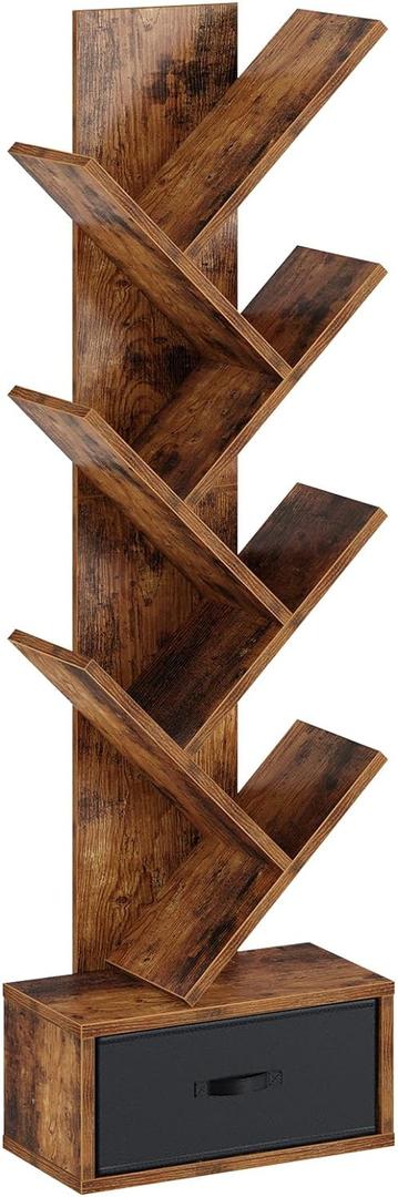 Rolanstar 7 Tier Bookshelf with Drawer, Tree Bookshelf, Small Bookshelves with Storage Rack for CDs/Movies/Books, Standing Book Shelf, Tall Narrow Bookcase for Living Room, Bedroom, Rustic Brown