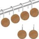 Akimomaty Wood Shower Curtain Hooks with Silvery Metal Rings, Set of 6 Decorative Hardware for Bathroom Rods