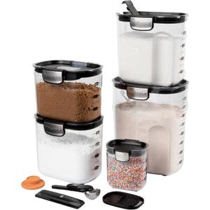 ProKeeper+ Airtight Food Storage Container Set Clear Plastic Flour and Sugar Canister Set with Magnetic Accessories for Kitchen Organization (Black, 9-Piece)