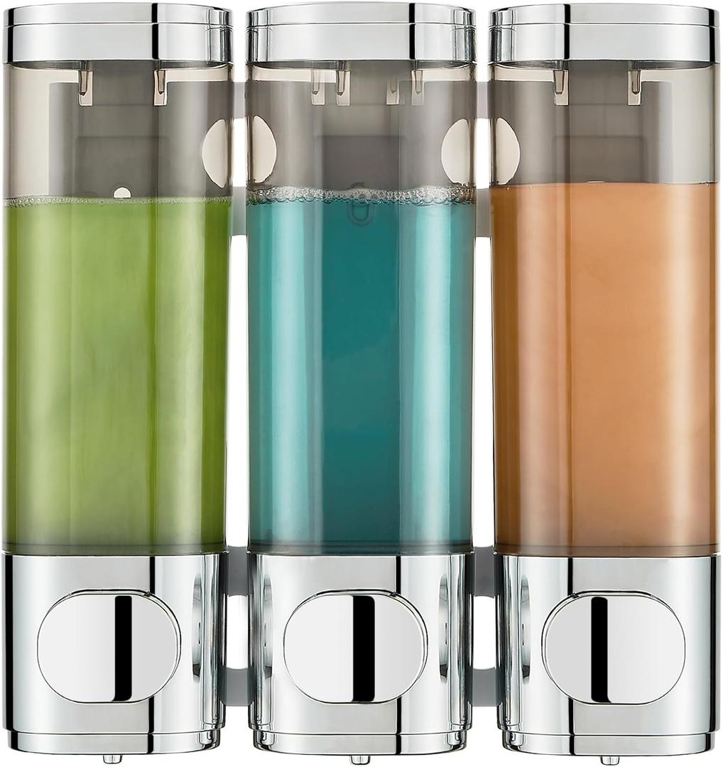 Pollock Shower Shampoo and Conditioner Dispenser, 3 Chamber No Drill Body Wash Dispenser for Bathroom, Large